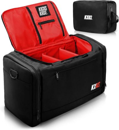 Sports Duffel Bags | (Kicks Kase Premium Sneaker Bag & Travel Duffel Bag – 3 Adjustable Compartment Dividers – For Shoes, Clothing And Gym (Black/Red) Gym Bags Black Red