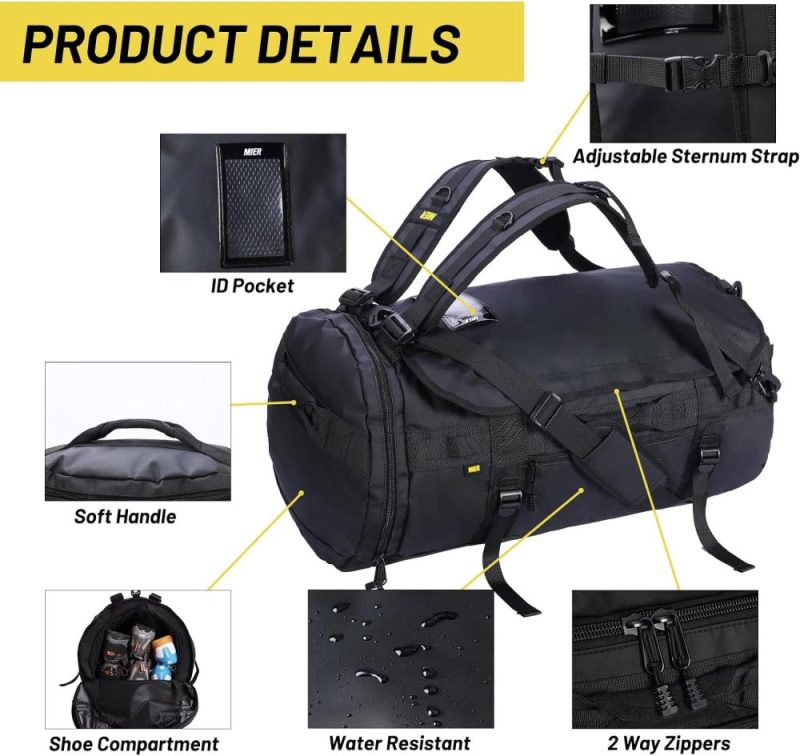 Sports Duffel Bags | Large Duffel Backpack Sports Gym Bag With Shoe Compartment, Heavy Duty And Water Resistant, Black, 45L Gym Bags Black