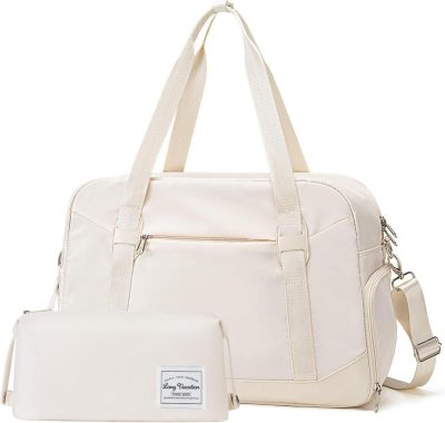 Sports Duffel Bags | Long Vacation Women’s Travel Duffel Bag With Toiletry Bag, Sports Gym Bag Weekendeer Carry-On Tote With Shoe Compartment And Wet Pocket, Yoga Bag Fit 15.6Inch Laptop (Apricot White, 18-Inch) Gym Bags Apricot White