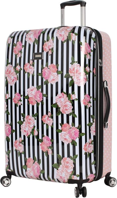 Suitcases | 30 Inch Checked Luggage Collection – Expandable Scratch Resistant (Abs + Pc) Hardside Suitcase – Designer Lightweight Bag With 8-Rolling Spinner Wheels (Stripe Roses, 30In) Luggage Stripe Roses