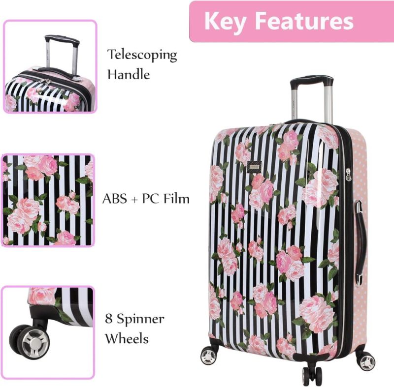 Suitcases | 30 Inch Checked Luggage Collection – Expandable Scratch Resistant (Abs + Pc) Hardside Suitcase – Designer Lightweight Bag With 8-Rolling Spinner Wheels (Stripe Roses, 30In) Luggage Stripe Roses