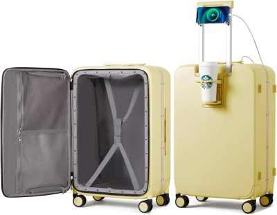 Suitcases | Checked Luggage With Cup Phone Holder And Charger Hard Shell Suitcases With Spinner Wheels, 24 Inch Lark Yellow Luggage Lark yellow