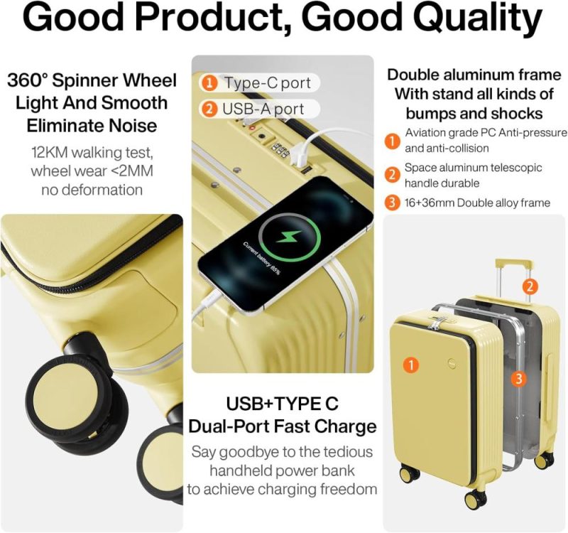 Suitcases | Checked Luggage With Cup Phone Holder And Charger Hard Shell Suitcases With Spinner Wheels, 24 Inch Lark Yellow Luggage Lark yellow