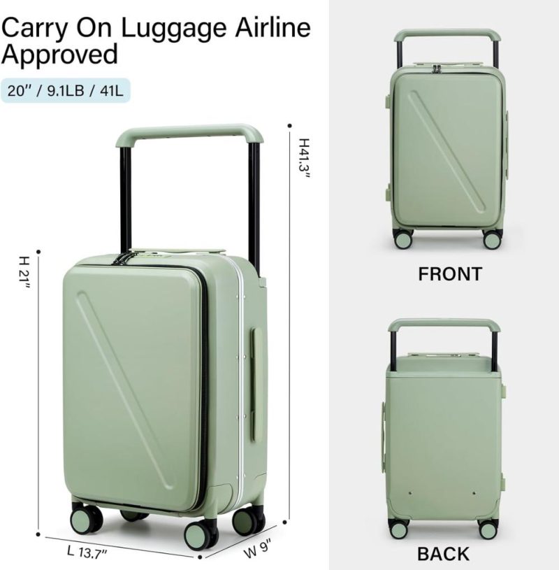 Suitcases | Luggage Hard Shell Suitcases Airline Approved Carry On Luggage 22X14X9 Tsa Approved Luggage 20 Inch Front Opening Pocket Wide Handle Suitcase With Wheels Travel Luggage, Green Luggage Bamboo Green