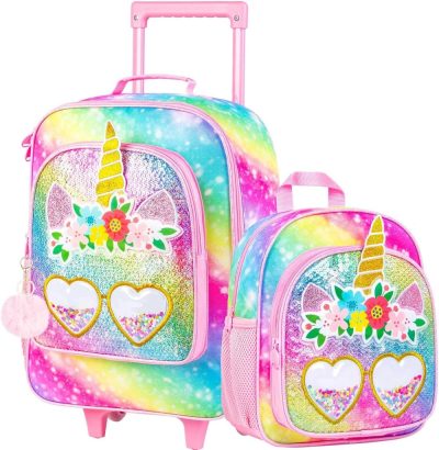 Kids’ Luggage | 2Pcs Kids Suitcase Set For Girls, 18" Cute Rainbow Sequin Unicorn Carry On Luggage With Wheels, Children Travel Rolling With 12" Toddler Backpack Kids' Luggage Kids' Luggage