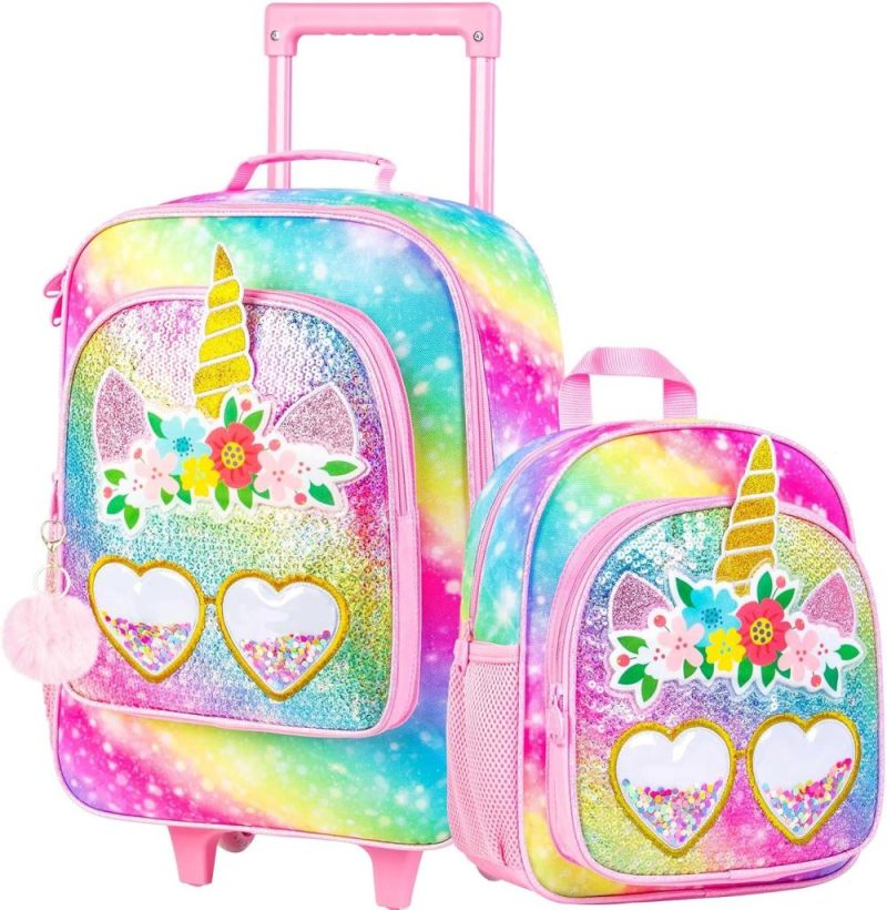 Kids’ Luggage | 2Pcs Kids Suitcase Set For Girls, 18" Cute Rainbow Sequin Unicorn Carry On Luggage With Wheels, Children Travel Rolling With 12" Toddler Backpack Kids' Luggage Kids' Luggage