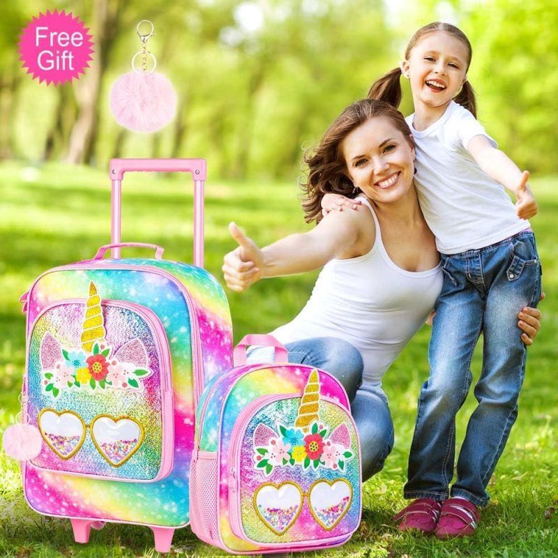 Kids’ Luggage | 2Pcs Kids Suitcase Set For Girls, 18" Cute Rainbow Sequin Unicorn Carry On Luggage With Wheels, Children Travel Rolling With 12" Toddler Backpack Kids' Luggage Kids' Luggage