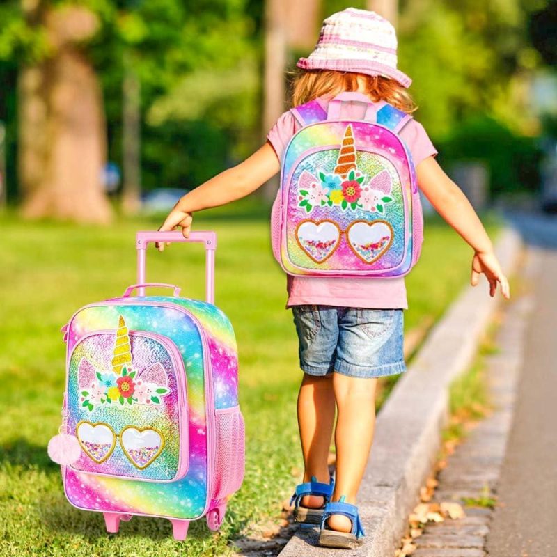 Kids’ Luggage | 2Pcs Kids Suitcase Set For Girls, 18" Cute Rainbow Sequin Unicorn Carry On Luggage With Wheels, Children Travel Rolling With 12" Toddler Backpack Kids' Luggage Kids' Luggage