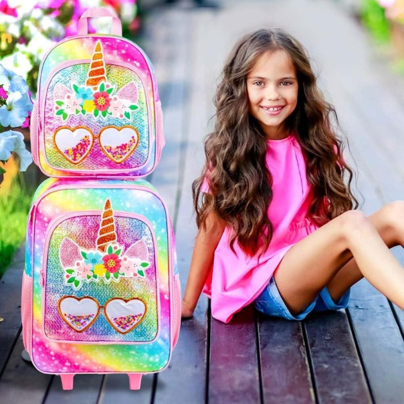 Kids’ Luggage | 2Pcs Kids Suitcase Set For Girls, 18" Cute Rainbow Sequin Unicorn Carry On Luggage With Wheels, Children Travel Rolling With 12" Toddler Backpack Kids' Luggage Kids' Luggage