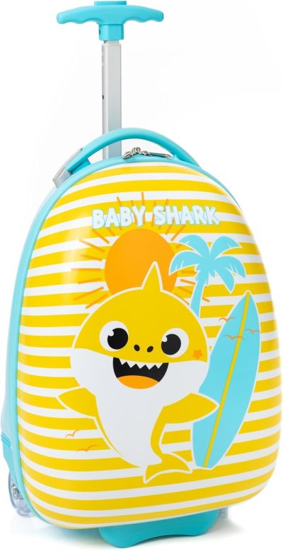 Kids’ Luggage | Baby Shark Suitcase Kids | Boys Girls Yellow Blue Small Cabin Hard Cover Holiday Carry On Trolley With Extendable Handle | Animated Singing Shark Family Surfing Kids' Luggage Kids' Luggage