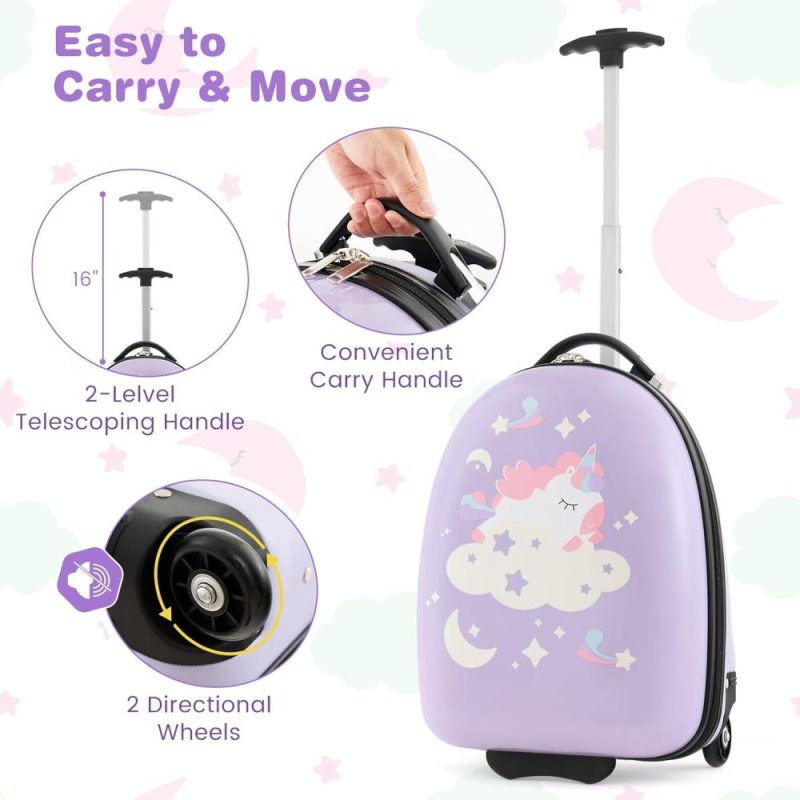 Kids’ Luggage | Kids Luggage, 16" Hard Shell Kids Carry On Luggage W/Rolling Wheels, 2-Level Aluminum Handle & Lightweight Airline-Approved Design, Kids Suitcase For Girls Boys Toddlers (Purple, Unicorn) Kids' Luggage Kids' Luggage