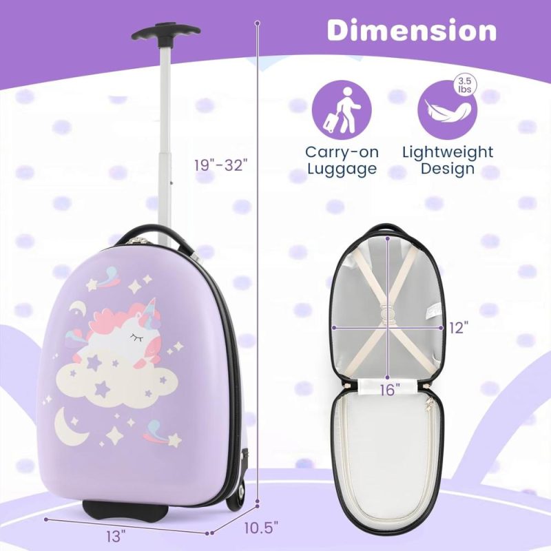 Kids’ Luggage | Kids Luggage, 16" Hard Shell Kids Carry On Luggage W/Rolling Wheels, 2-Level Aluminum Handle & Lightweight Airline-Approved Design, Kids Suitcase For Girls Boys Toddlers (Purple, Unicorn) Kids' Luggage Kids' Luggage