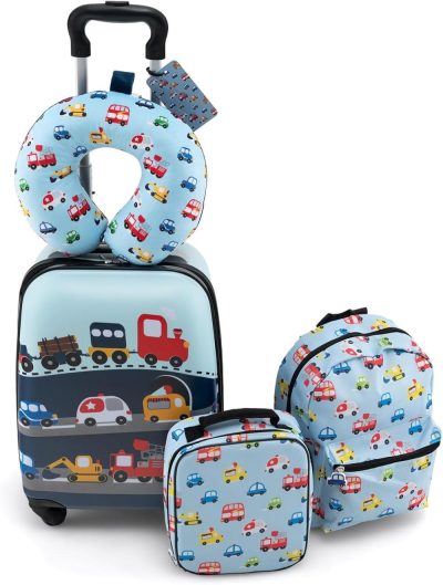 Kids’ Luggage | Kids Luggage Set, 16 Inch Car Toddler Luggage, Neck Pillow, Airplane Approved, 5 Piece Spinner Travel Luggage For Boys Girls (Car) Kids' Luggage Kids' Luggage