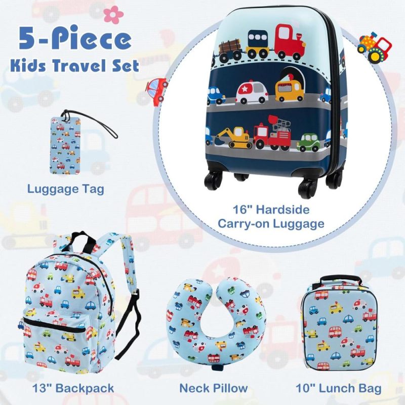 Kids’ Luggage | Kids Luggage Set, 16 Inch Car Toddler Luggage, Neck Pillow, Airplane Approved, 5 Piece Spinner Travel Luggage For Boys Girls (Car) Kids' Luggage Kids' Luggage