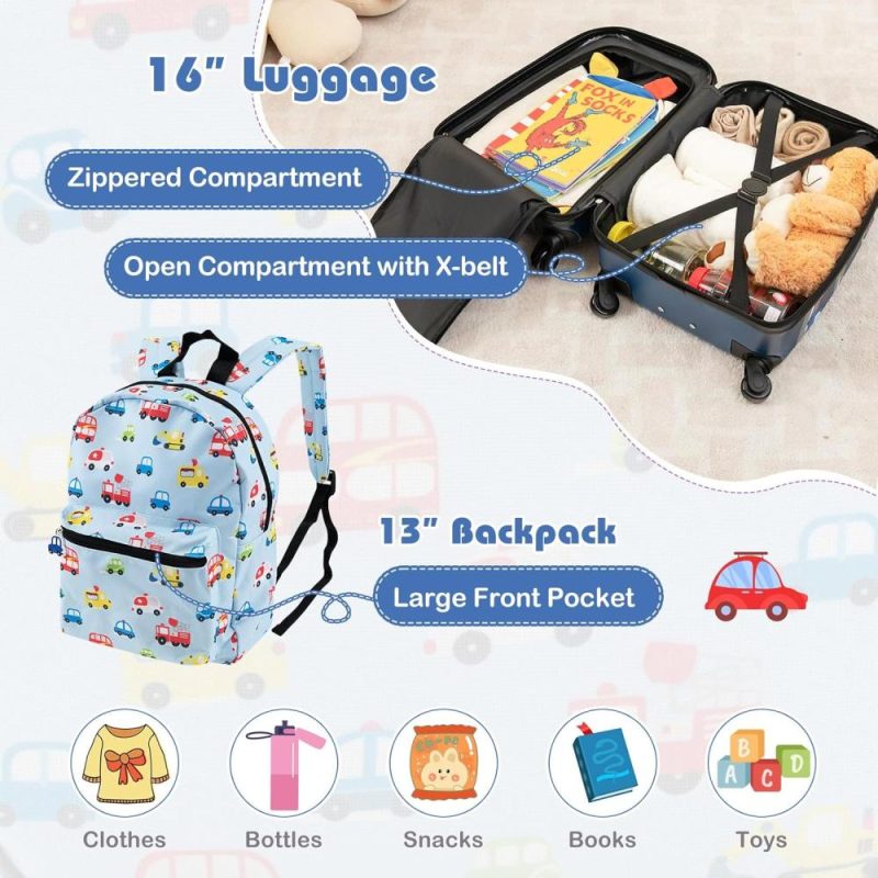 Kids’ Luggage | Kids Luggage Set, 16 Inch Car Toddler Luggage, Neck Pillow, Airplane Approved, 5 Piece Spinner Travel Luggage For Boys Girls (Car) Kids' Luggage Kids' Luggage