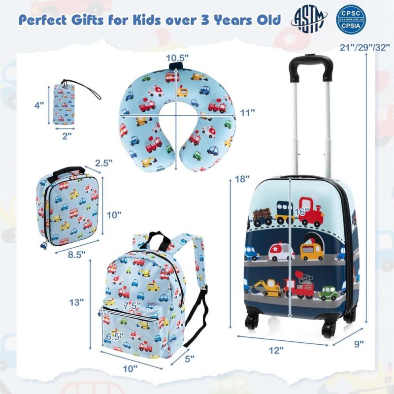 Kids’ Luggage | Kids Luggage Set, 16 Inch Car Toddler Luggage, Neck Pillow, Airplane Approved, 5 Piece Spinner Travel Luggage For Boys Girls (Car) Kids' Luggage Kids' Luggage