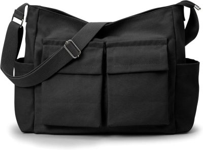 Messenger Bags | Kalidi Canvas Tote Bag Messenger Bag, Large Crossbody Bag For Women Or Men, Casual Canvas Shoulder Bag For College Work Daily Messenger Bags Black