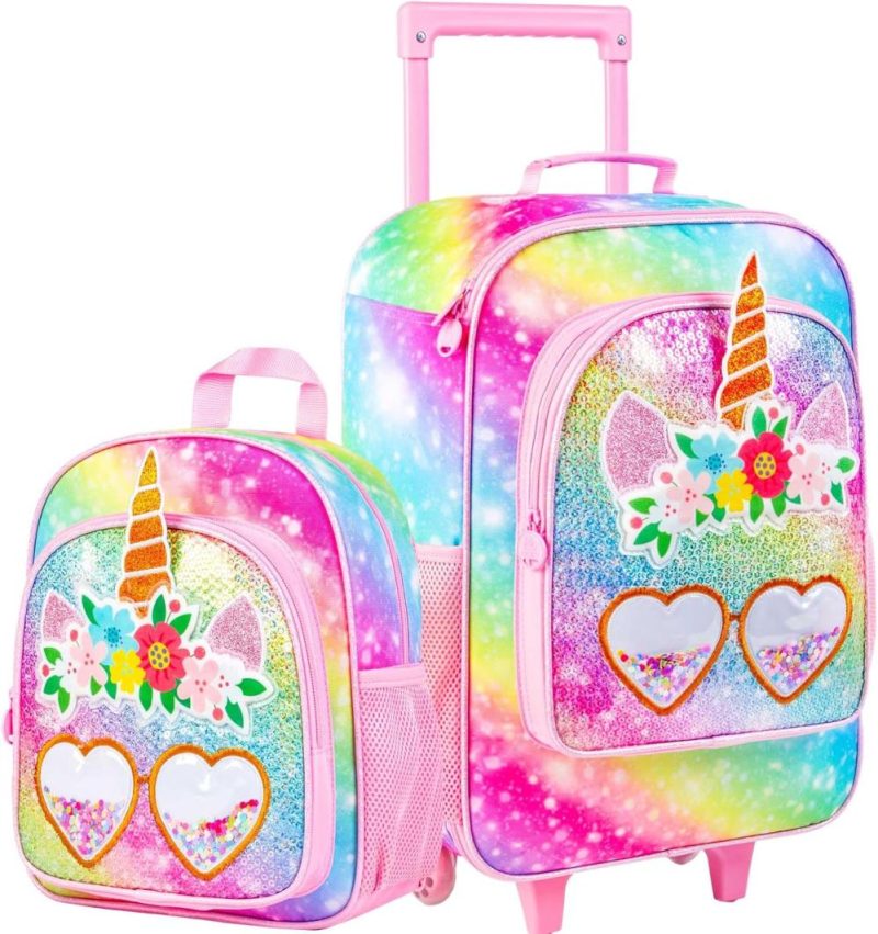 Kids’ Luggage | 2Pcs Kids Suitcase, Girls Carry On Rolling Luggage And 12" Backpack Set, Unicorn Sequin Travel Suitcases For Toddler Children – Pink Kids' Luggage Kids' Luggage