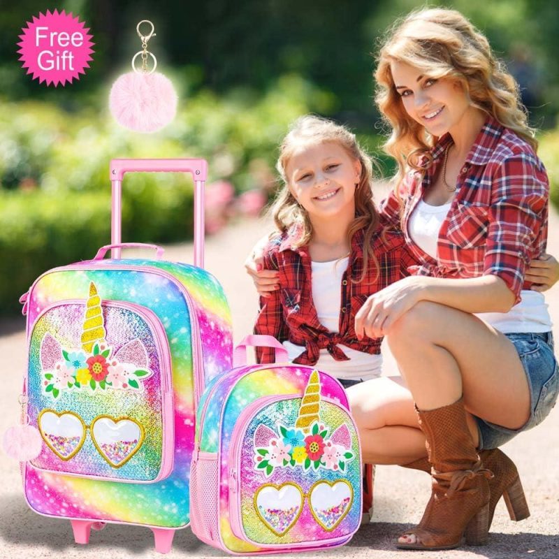 Kids’ Luggage | 2Pcs Kids Suitcase, Girls Carry On Rolling Luggage And 12" Backpack Set, Unicorn Sequin Travel Suitcases For Toddler Children – Pink Kids' Luggage Kids' Luggage