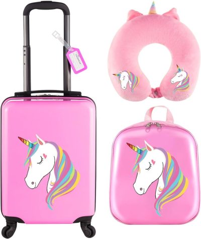 Kids’ Luggage | 4 Pcs Unicorn Luggage 17 Inch Kids Rolling Luggage For Girls Suitcase Double Sided Pattern With Wheels Kids Travel Rolling Luggage Set Kids' Luggage Kids' Luggage