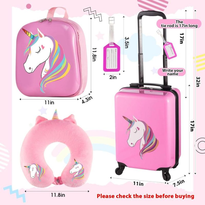 Kids’ Luggage | 4 Pcs Unicorn Luggage 17 Inch Kids Rolling Luggage For Girls Suitcase Double Sided Pattern With Wheels Kids Travel Rolling Luggage Set Kids' Luggage Kids' Luggage