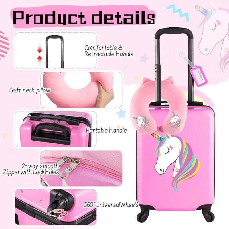 Kids’ Luggage | 4 Pcs Unicorn Luggage 17 Inch Kids Rolling Luggage For Girls Suitcase Double Sided Pattern With Wheels Kids Travel Rolling Luggage Set Kids' Luggage Kids' Luggage