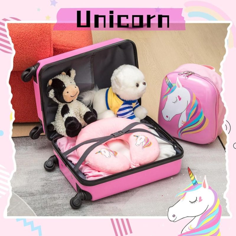 Kids’ Luggage | 4 Pcs Unicorn Luggage 17 Inch Kids Rolling Luggage For Girls Suitcase Double Sided Pattern With Wheels Kids Travel Rolling Luggage Set Kids' Luggage Kids' Luggage