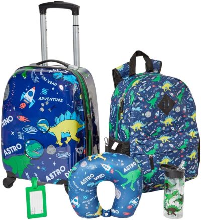 Kids’ Luggage | 5 Pc. Boys’ Dinosaur Space Rolling Suitcase Set With Backpack, Neck Pillow, Water Bottle, And Luggage Kids' Luggage Kids' Luggage