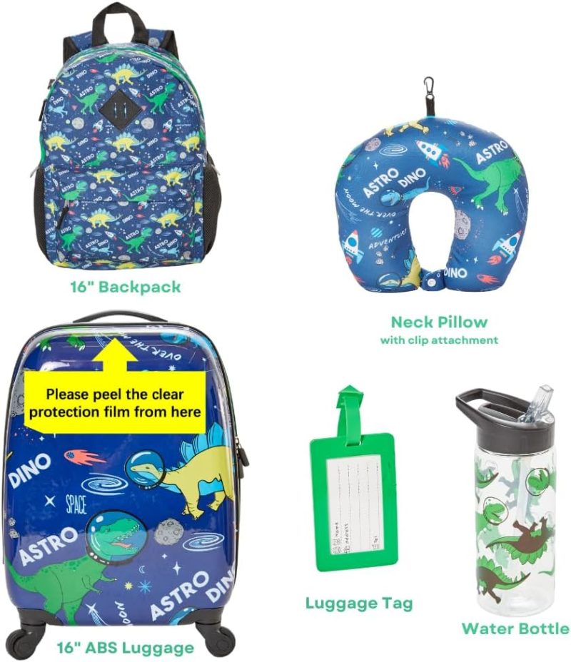 Kids’ Luggage | 5 Pc. Boys’ Dinosaur Space Rolling Suitcase Set With Backpack, Neck Pillow, Water Bottle, And Luggage Kids' Luggage Kids' Luggage