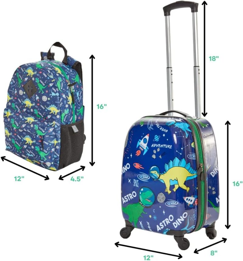 Kids’ Luggage | 5 Pc. Boys’ Dinosaur Space Rolling Suitcase Set With Backpack, Neck Pillow, Water Bottle, And Luggage Kids' Luggage Kids' Luggage