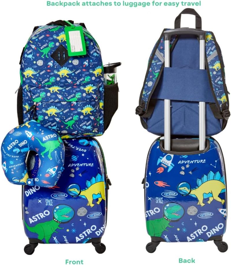 Kids’ Luggage | 5 Pc. Boys’ Dinosaur Space Rolling Suitcase Set With Backpack, Neck Pillow, Water Bottle, And Luggage Kids' Luggage Kids' Luggage