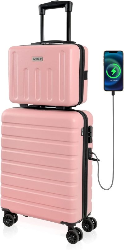 Luggage Sets | Suitcase, 20" Carry On Luggage 14" Mini Cosmetic Cases Luggage Sets Hardside Pc Abs Lightweight Usb Suitcase With Wheels Tsa (2 Piece Set 14/20, Pink) Luggage Luggage Sets