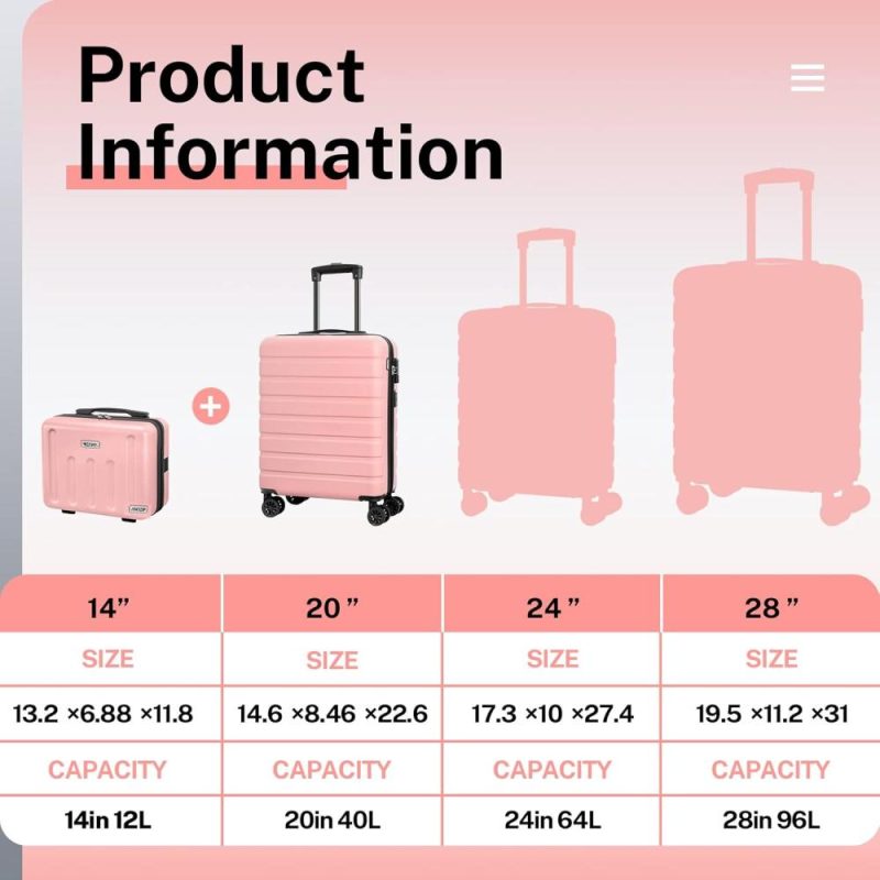 Luggage Sets | Suitcase, 20" Carry On Luggage 14" Mini Cosmetic Cases Luggage Sets Hardside Pc Abs Lightweight Usb Suitcase With Wheels Tsa (2 Piece Set 14/20, Pink) Luggage Luggage Sets