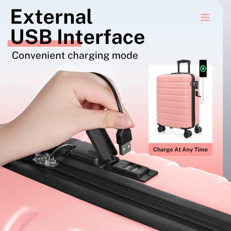 Luggage Sets | Suitcase, 20" Carry On Luggage 14" Mini Cosmetic Cases Luggage Sets Hardside Pc Abs Lightweight Usb Suitcase With Wheels Tsa (2 Piece Set 14/20, Pink) Luggage Luggage Sets