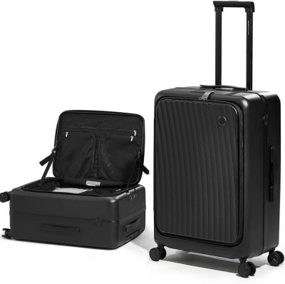 Suitcases | 24 Inch Checked Luggage Suitcases With Spinner Wheels, Pc Hard Case Luggage Wih Front Pocket Cup Holder, Aluminum Frame Tsa Lock Checked Luggage Luggage Black-24inch