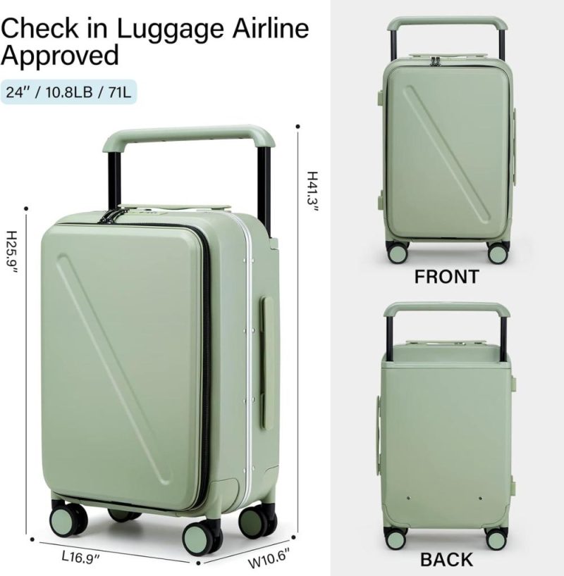 Suitcases | Luggage Hard Shell Suitcases Checked Luggage With Spinner Wheels 24 Inch Medium Size Front Opening Pocket Wide Handle Suitcases Tsa Approved Luggage Rolling Luggage, Green Luggage Bamboo Green